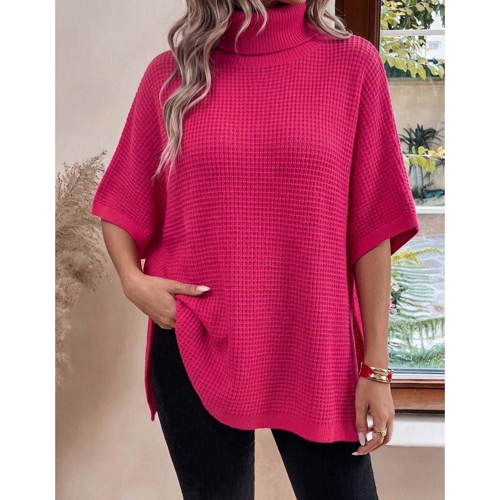 Poncho Casaco Capa Feminino Tricot Texturizado Gola Alta Inverno Lã Estilo Moderno Blogueira