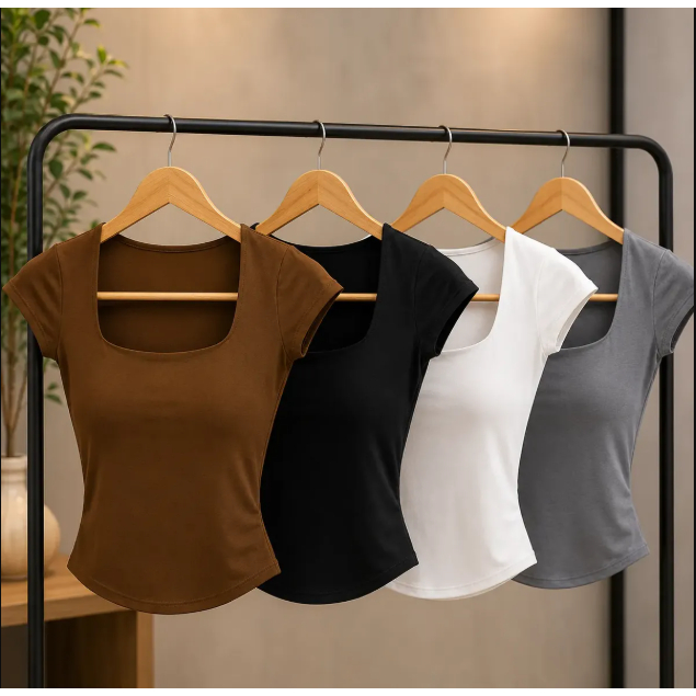 Blusa Baby Tee Feminina Gola Quadrada Básica Manga Curta Premium Moderna Casual Treino Várias Cores Envio Imediato!