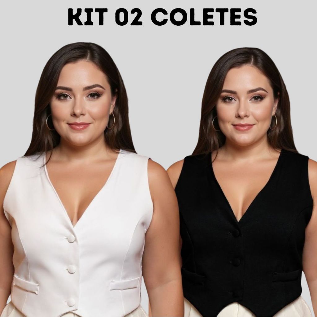 Kit 2 Colete Feminino Plus Size Social Alfaiataria Moderno Cropped Elegante Corselet Slin E G1 G2 G3
