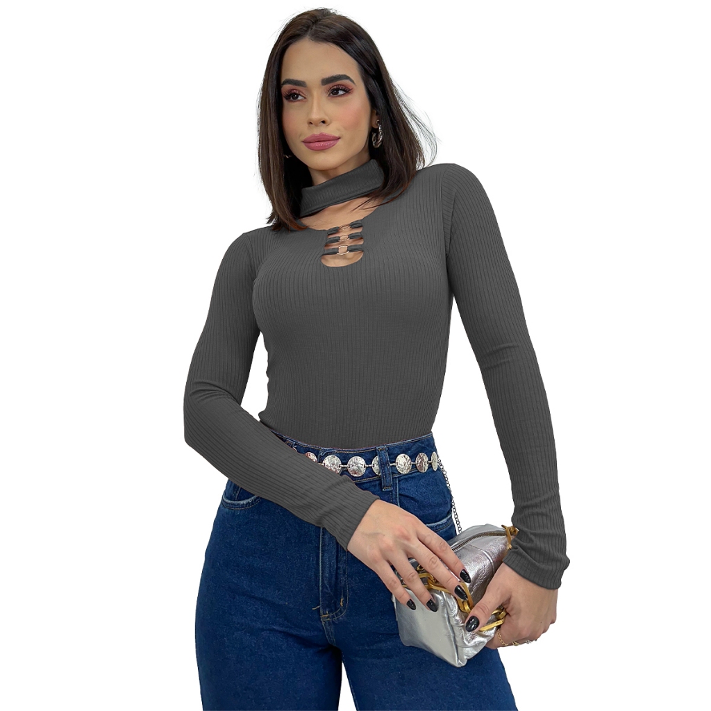 Body Blusa Manga Longa Gola Choker Golinha Moda Mãe Fashion 2025