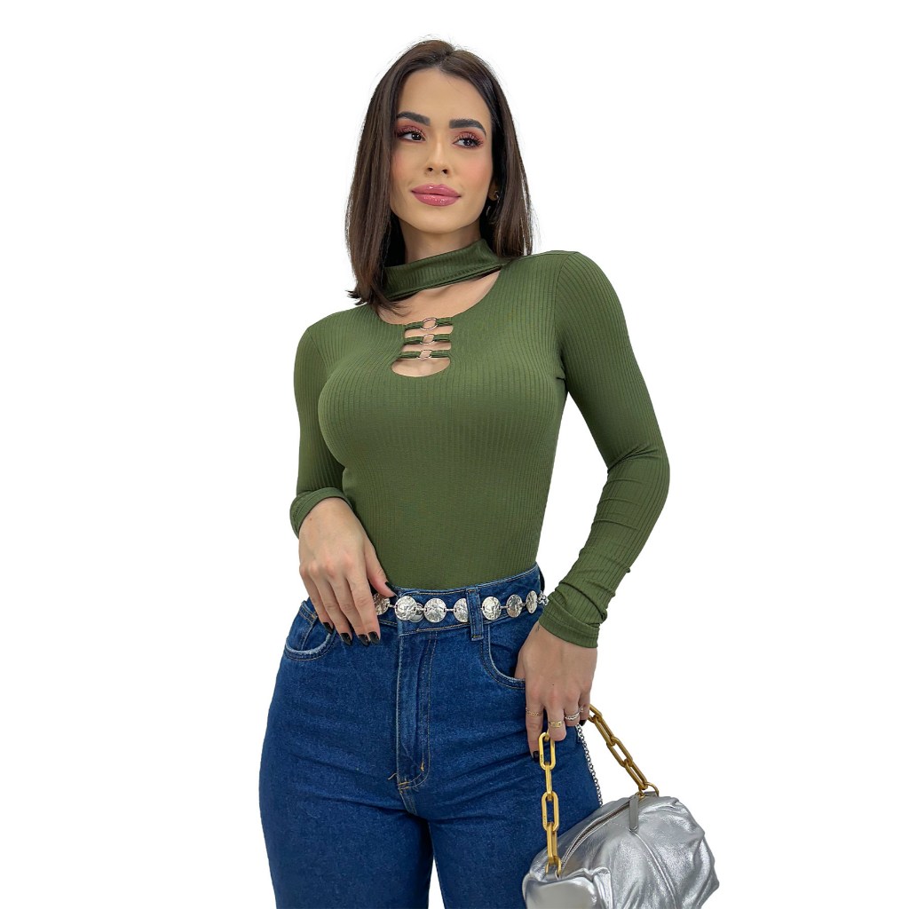 Body Blusinha Manga Longa Feminina Gola Choker Detalhe Argolas Luxo Mãe Delicada