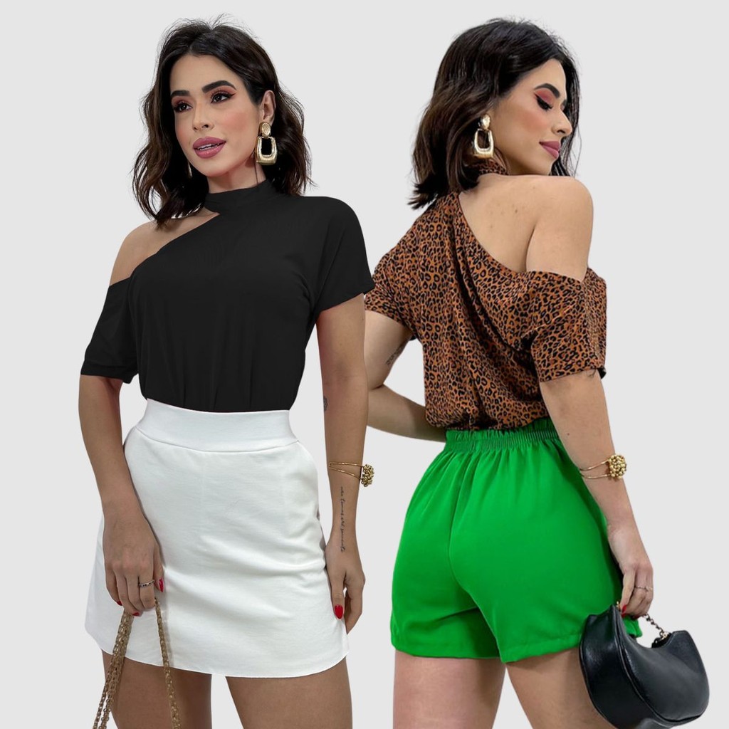 Kit 2 Blusa Blusinha Choker Manga Curta Ombro Vazado Verão