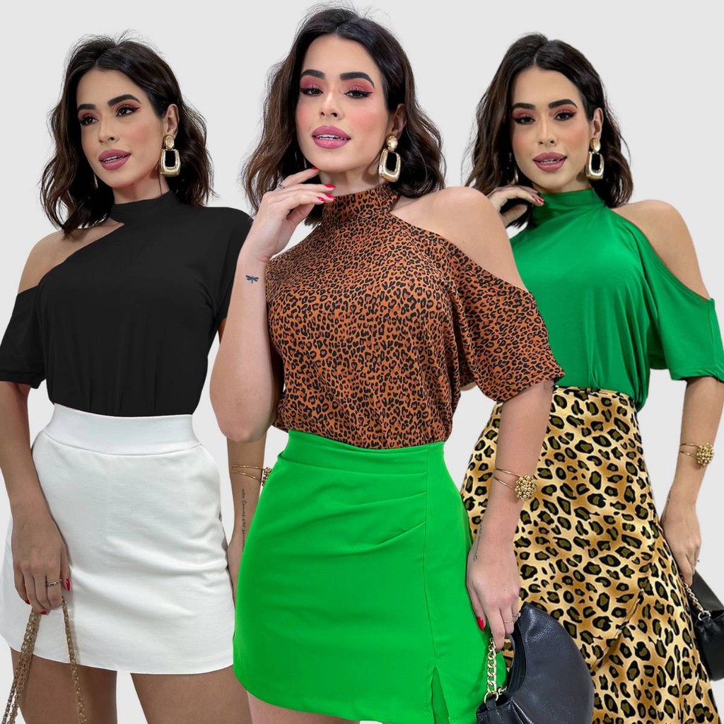 Kit 3 Blusa Feminina Choker Ciganinha Manga Curta Blogueira