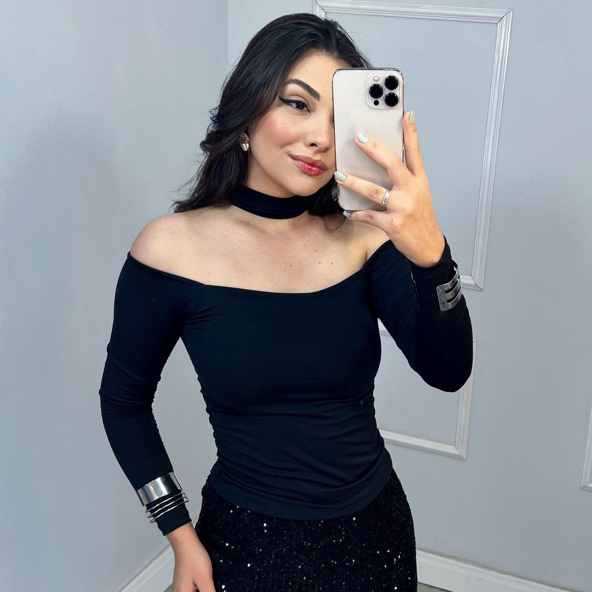 Blusa Paty Chocker Com Manga Longa Suplex Com Toque de Poliamida