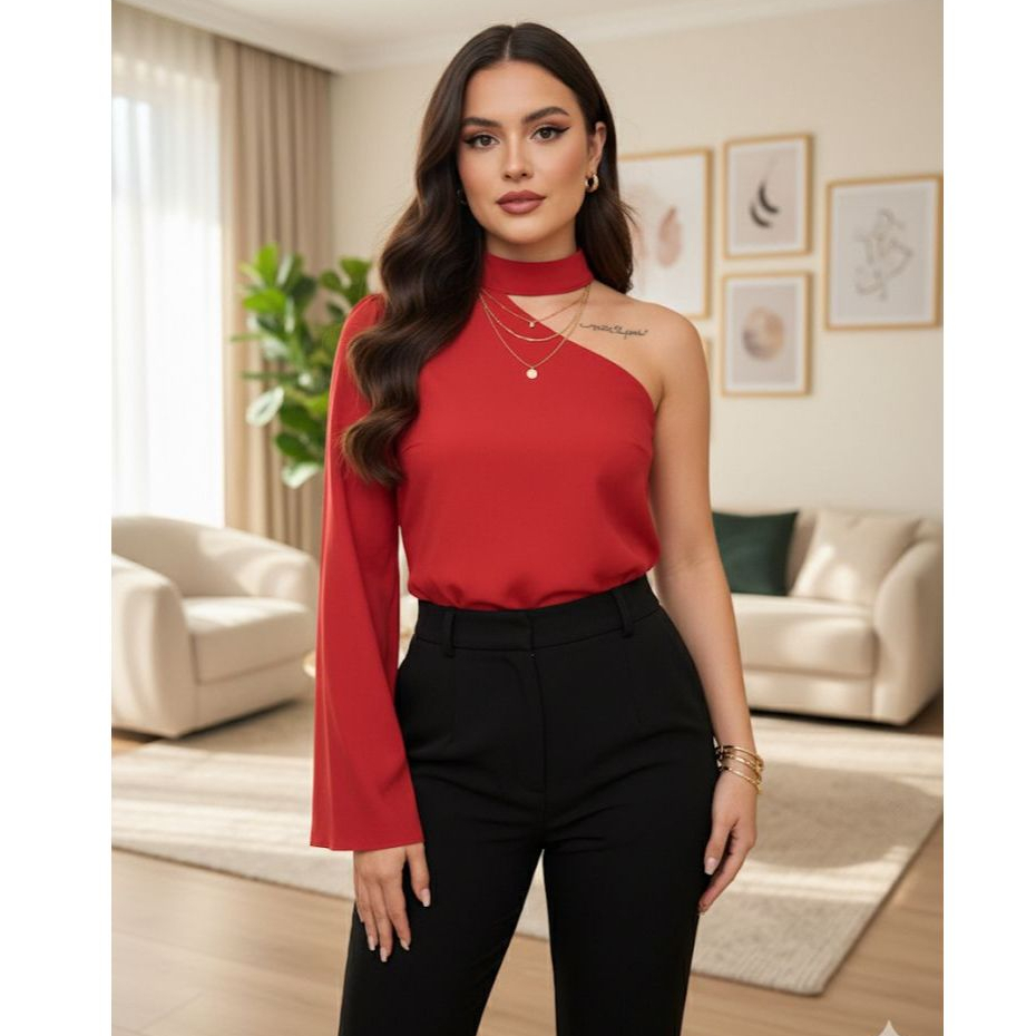 Blusa Seline Manga Longa em Marrant Linho Com um Ombro só, Gola alta Estilo Choker