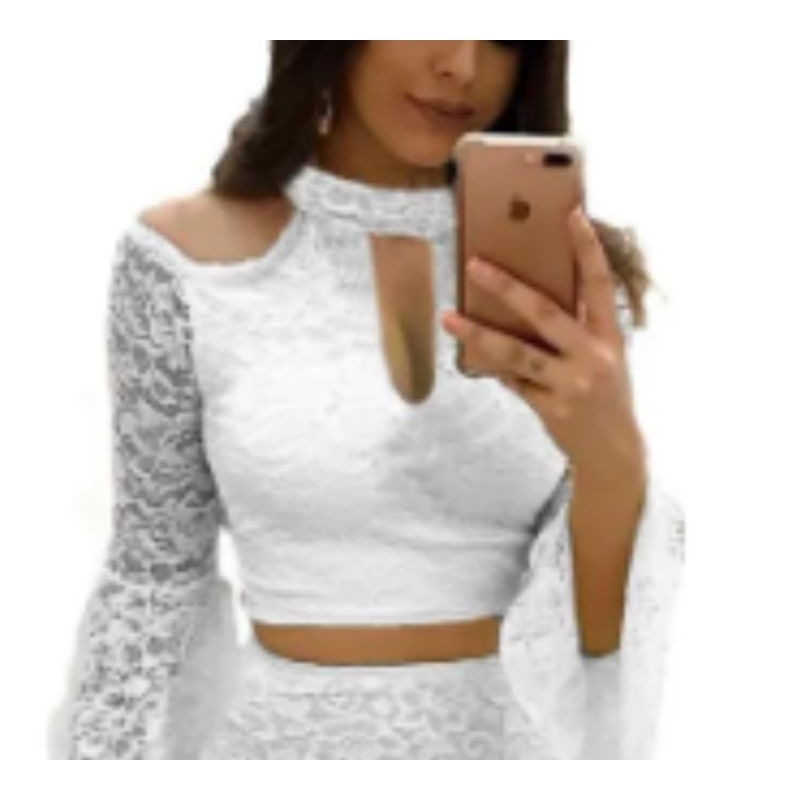 top de renda com gola choker com ziper e manga flare