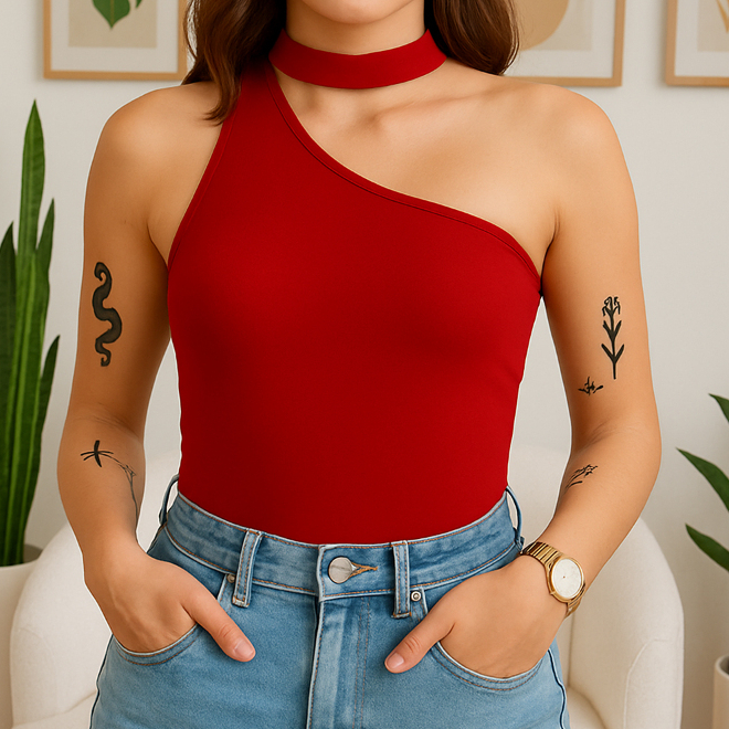 Blusa Feminina Nula Manga Gola Choker Elegante Básica Mula Manca