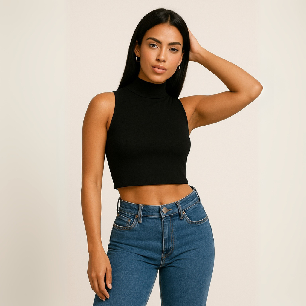 Blusa Cropped Top Gola Alta Choker Segunda Pele Regata Sem Manga