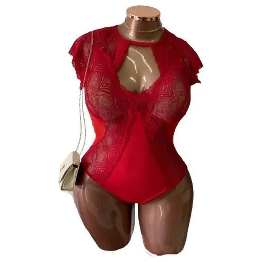 Body Gola Choker Renda Vermelho Natal Plus Size Bralok Jeans Manga Curta Lurex Feminino
