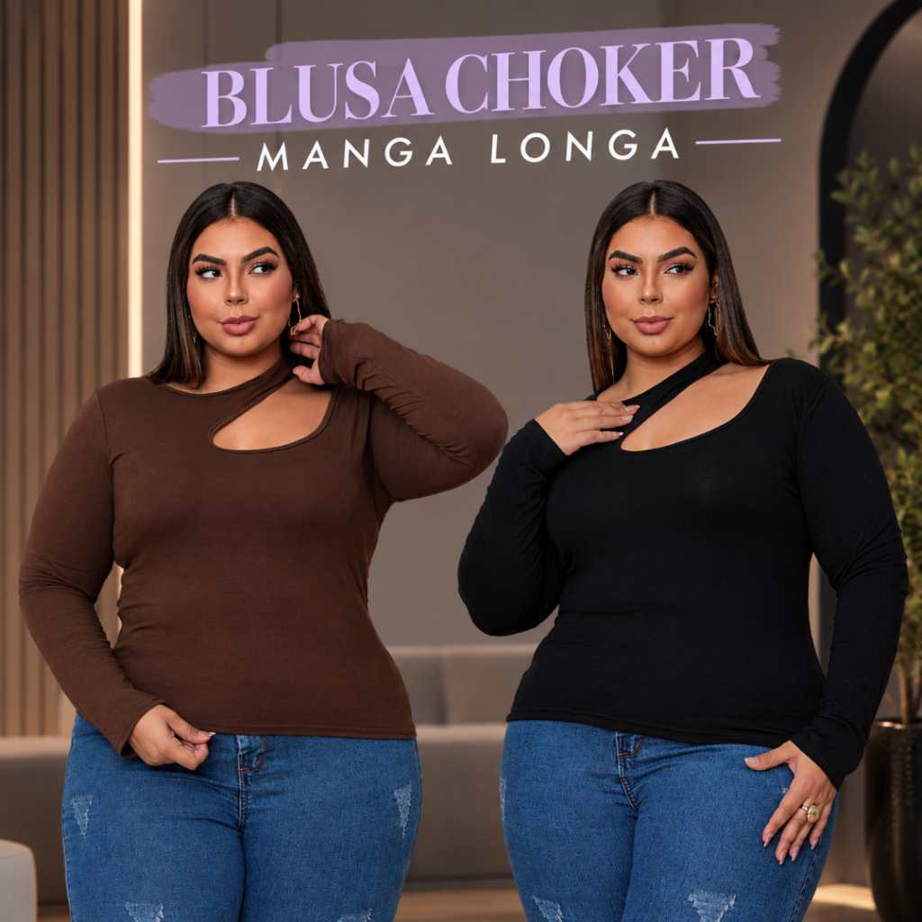 Blusa Feminina Plus Size Manga Longa Elegante Decote Assimétrico Cut Out Chocker Comprida Vest GG G1