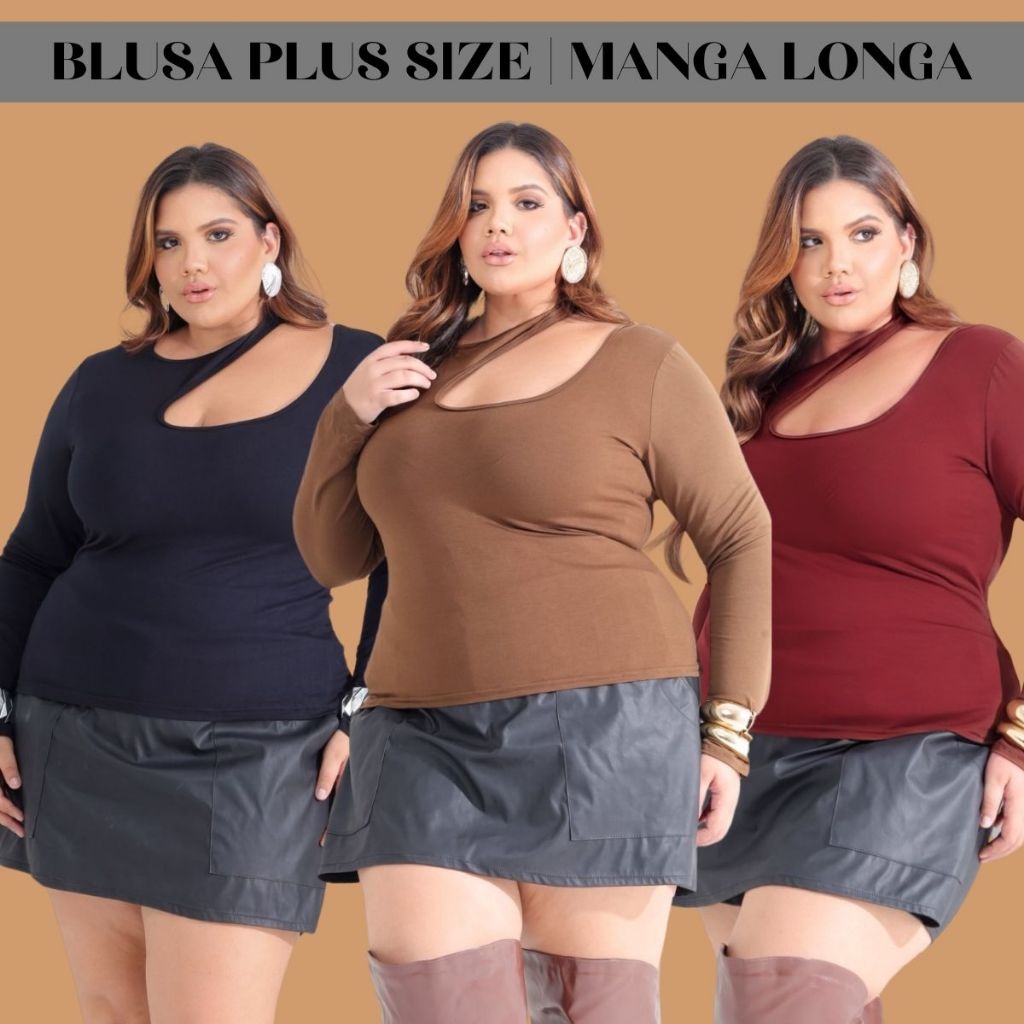 Blusa Plus Size Feminina Manga Longa Decote Choker Elegante Viscolycra Preto Vinho Marrom