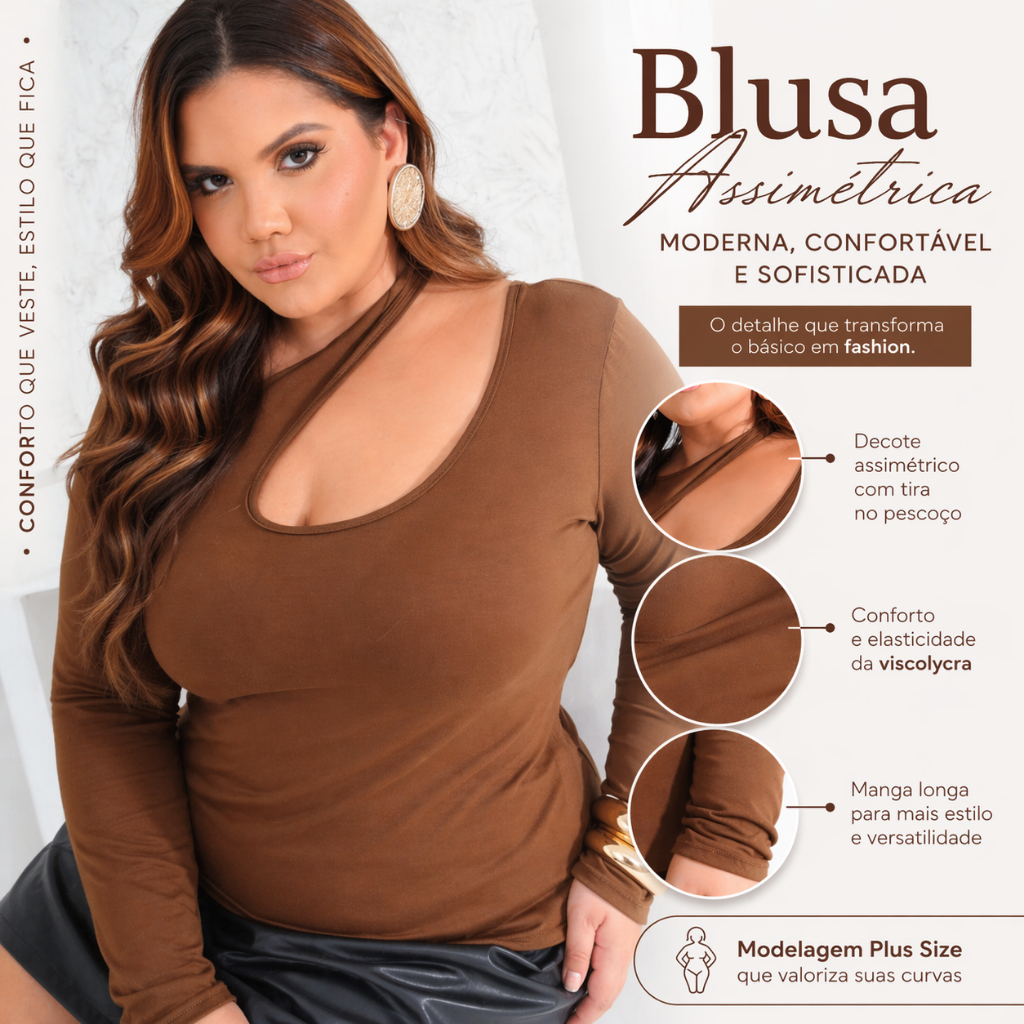 Blusa Feminina Manga Longa Cut Out Plus Size Estilosa Chocker Decote Assimétrico  Veste do 44 ao 52
