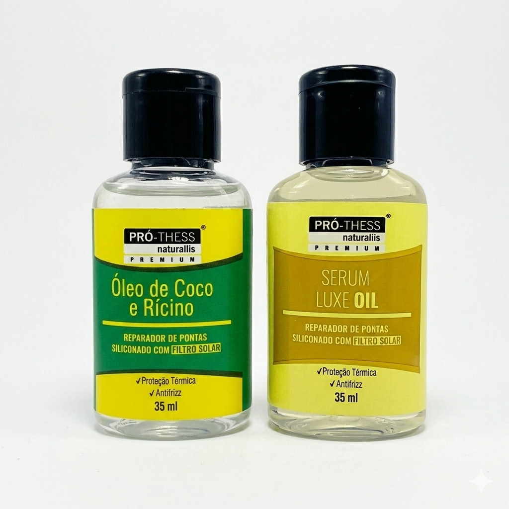 KIT 2 REPARADOR DE PONTAS PRÓ-THESS ÓLEO DE COCO RÍCINO E SERUM LUXE OIL PROTEÇÃO TÉRMICA ANTIFRIZZ