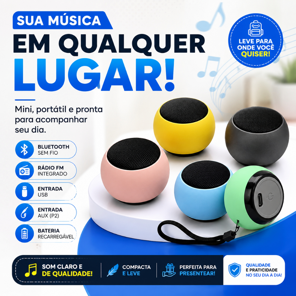 Caixa de Som Bluetooth Portátil Mini Speaker Wireless 3W USB FM AUX Recarregável Degradê Cores Sortidas