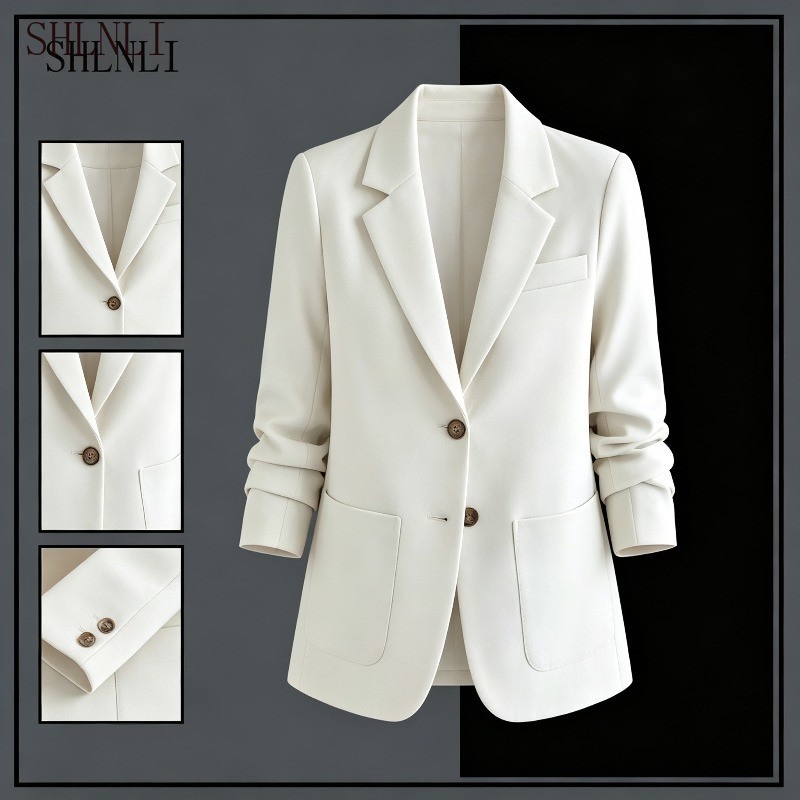 Primavera Outono Feminino Blazer De Dois Botões Manga Longa Comprimento Médio Remendo Bolsos Solto Terno De Trabalho Cas