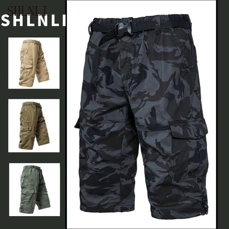 Shorts De Trabalho Masculino Dark Camo Com Vários Bolsos Cargo 7/8 Comprimento Na Altura Do Joelho