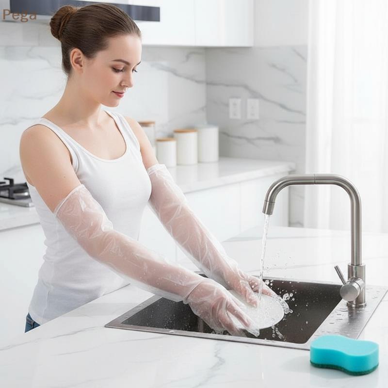 [Pega-t] Luvas Domésticas CPE De Comprimento De 60 Cm Com Punho Antiderrapante À Prova D'água Para Trabalho De Limpeza D