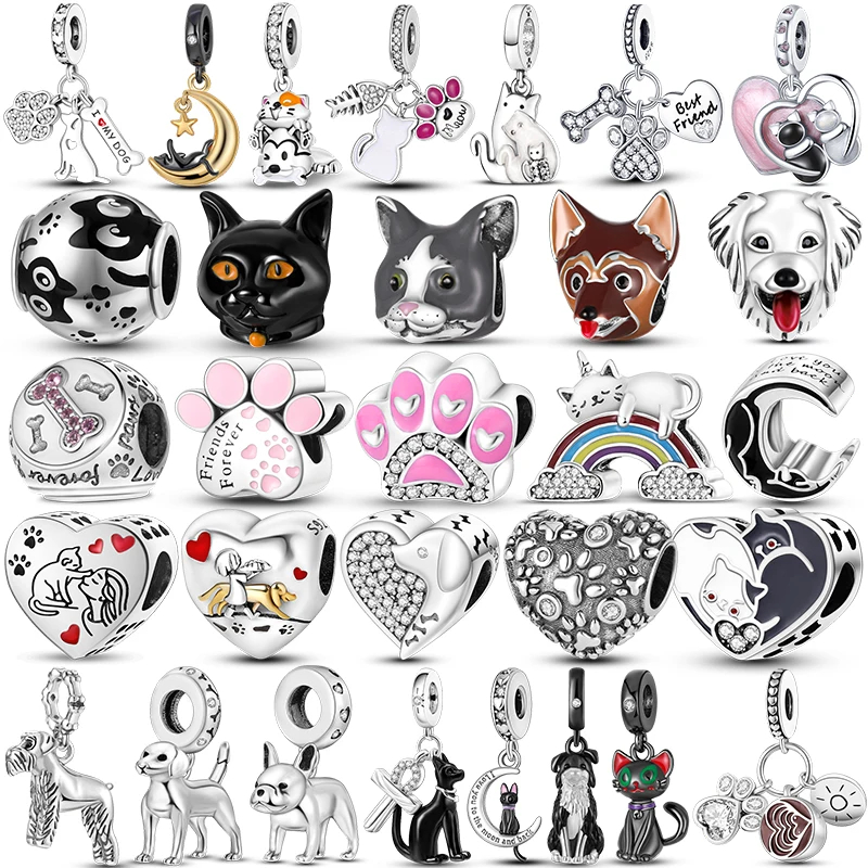 Cute Dog Cat Charms 925 Silver Fit Pulseira Original Diy Pet Paw Print Beads Pendente Para A Confecção De Jóias Em Forma De Bangle