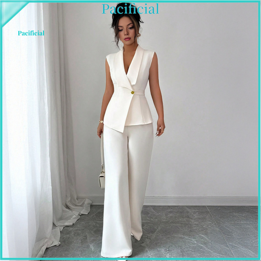 Women Suit Set Relaxed Fit Business Women’s 2-piece Blazer Vest Wide Leg Pants – Dressy Office Work Outfit Stylish S