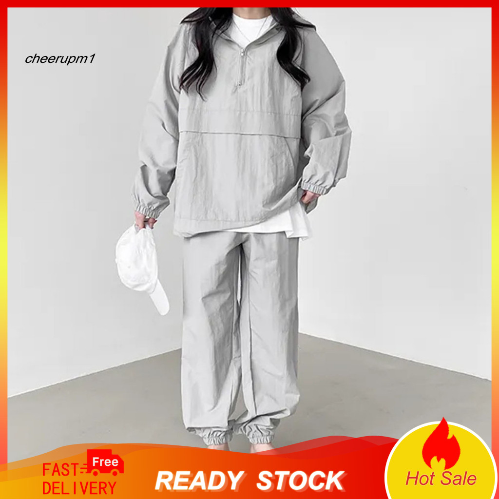 Women Loose Fit Pants Suit Two-piece 2 Pcs Women’s Sportswear Set – Sweatshirt Stretchy Ankle with Zipper Big Pocket