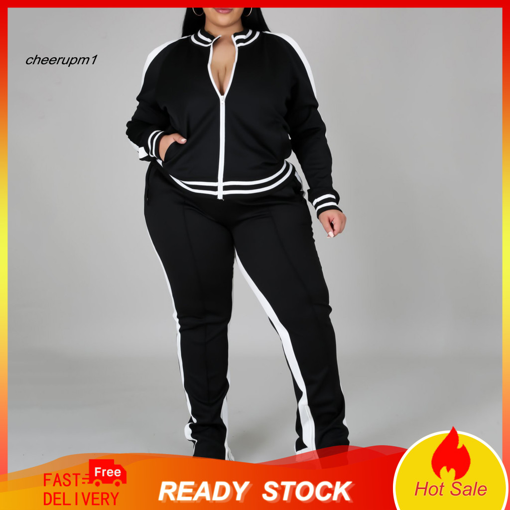 Women Loose Fit Tracksuit Set Two-piece for 2 Pcs Plus Size Jogging Suit Zip-up Long Sleeve Sweatshirt Trousers for Jogg