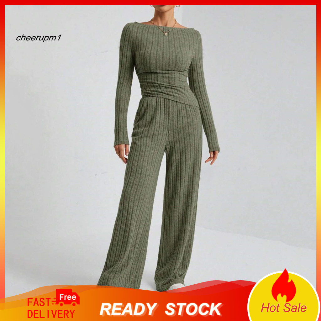 Women Top Pants Set Solid Color Two-piece Suit 2 Pcs Tracksuit – Boat Neck Long Sleeve Knit Elastic Waist Wide Leg Fit