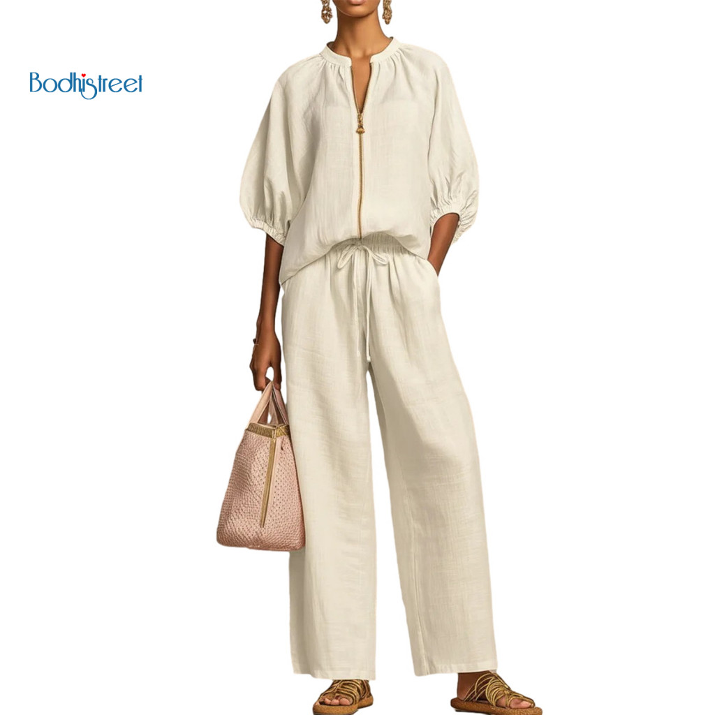 Loose Fit Women Suit Outfit Women’s 2 Piece Tracksuit Set – V Neck Zip Short Puff Sleeve Top Wide Leg Pants Lounge W