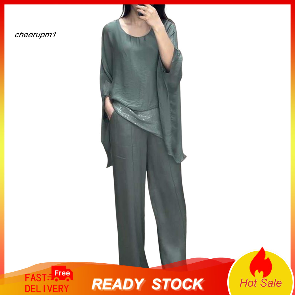 Women Two-piece Suit Loose Fit for Women’s Set – Splicing Top with Round Neck Batwing Sleeves  Wide Leg Pants Perfec