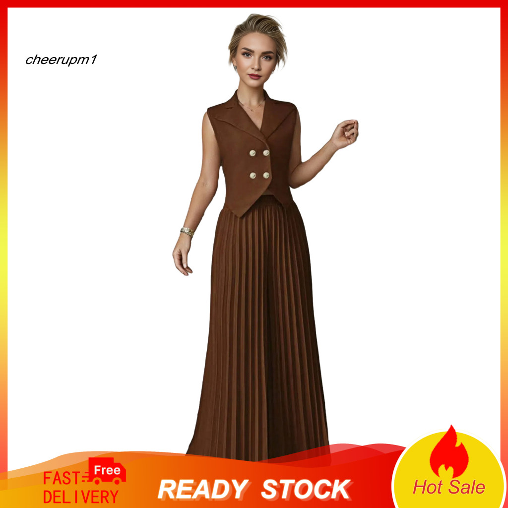 Relaxed Fit Blazer and Pants Women Suit Set Women’s 2-piece Crop Vest Wide Leg Pleated – Business Outfit Stylish Sum