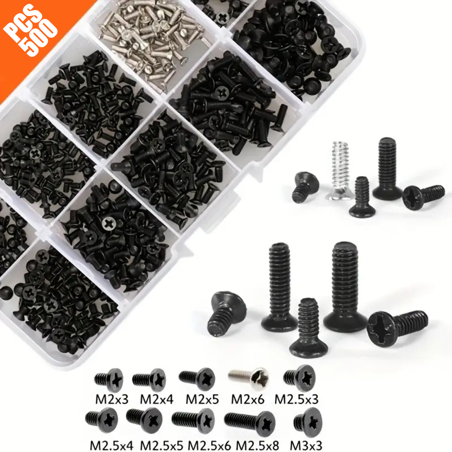 Kit de Parafusos para Computador 500 Peças Preto M2 M2.5 M3 para PC Laptop SSD Disco Rígido CPU