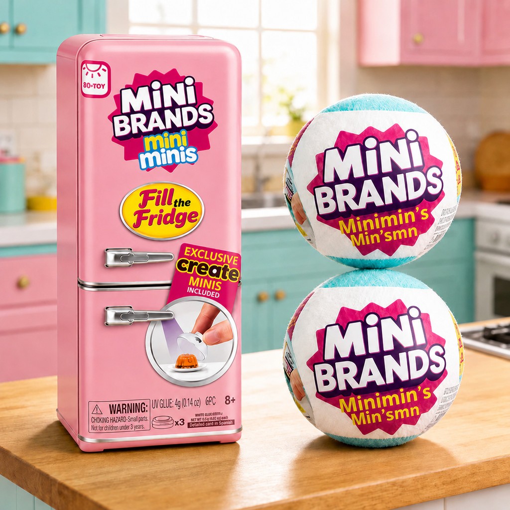 Mini Geladeira Fill The Fridge com 2 Bolas Mini Brands Surpresa Colecionável Rosa Azul ou Aleatória
