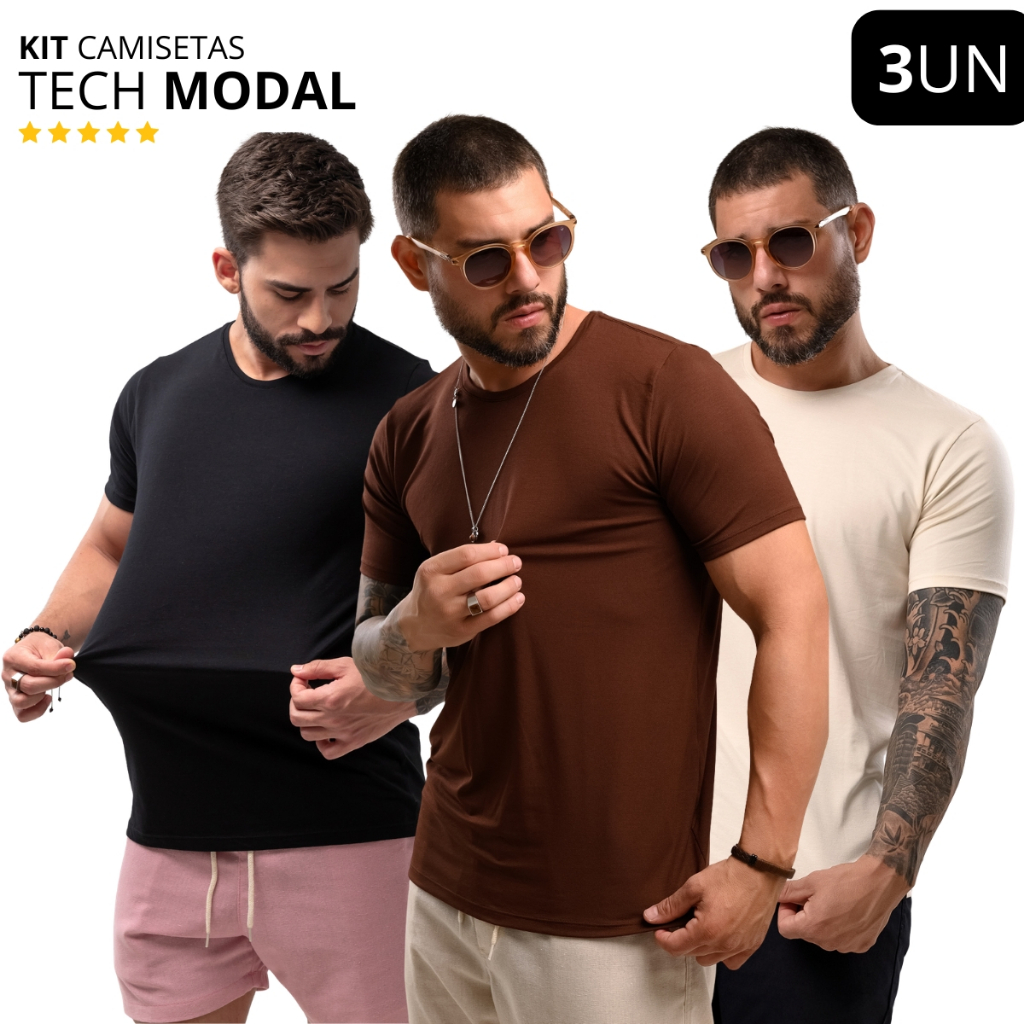 Kit 3 Camiseta Modal Masculina Tech Elastano Tencel Alta Durabilidade Flexivel Estica Anti Odor