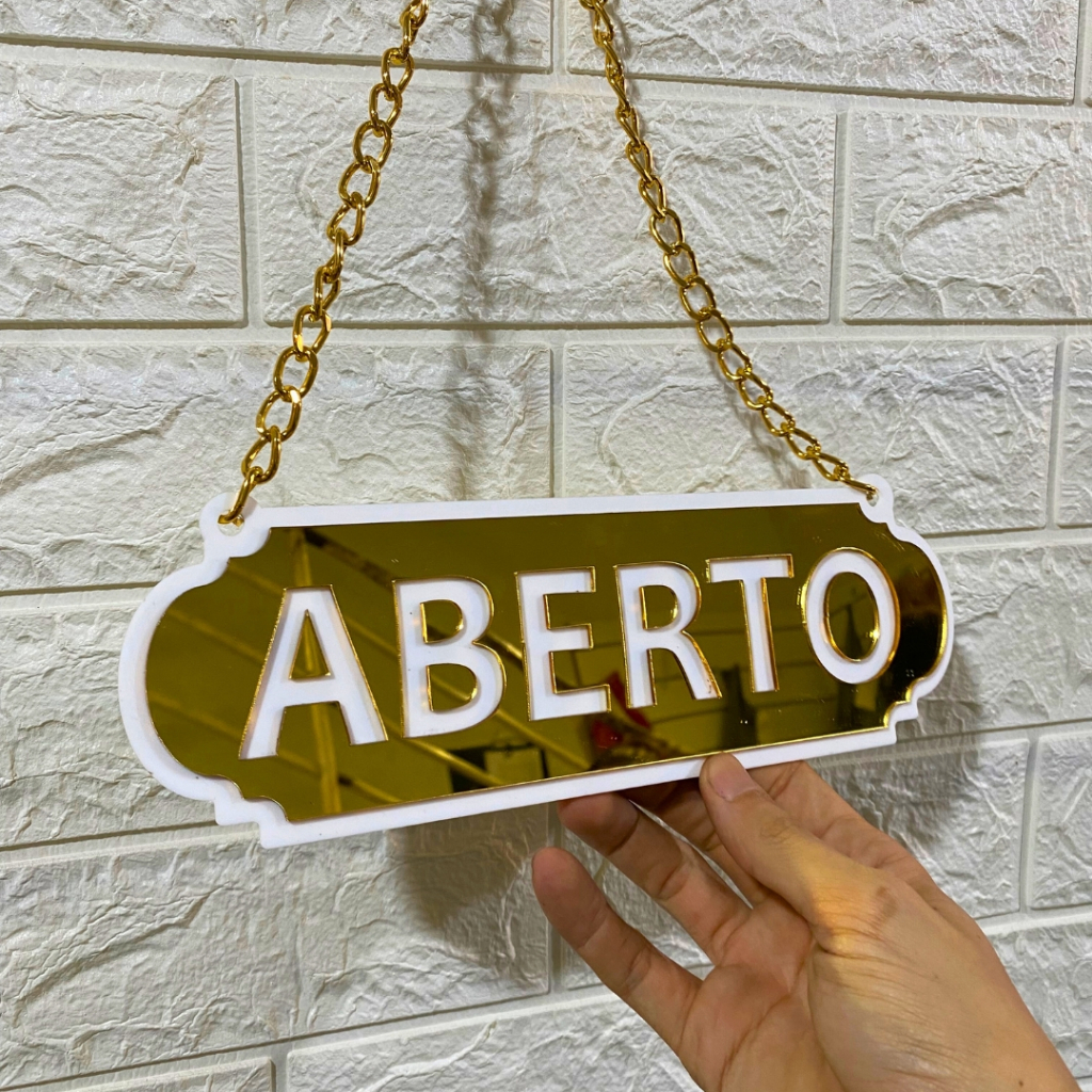 PLACA ABERTO E FECHADO COM CORRENTE E VENTOSA EM ACRILICO ESPELHADO