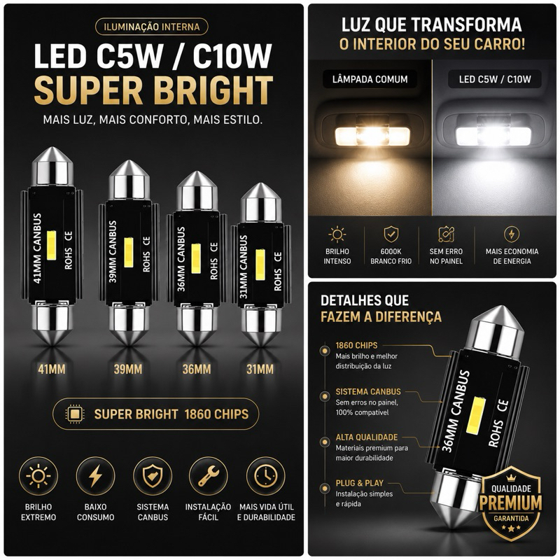 Lâmpada Torpedo ULTRA LED CSP 1860 1SMD Canbus – Alta Potência e Compatibilidade 31mm/36mm/39mm/41mm