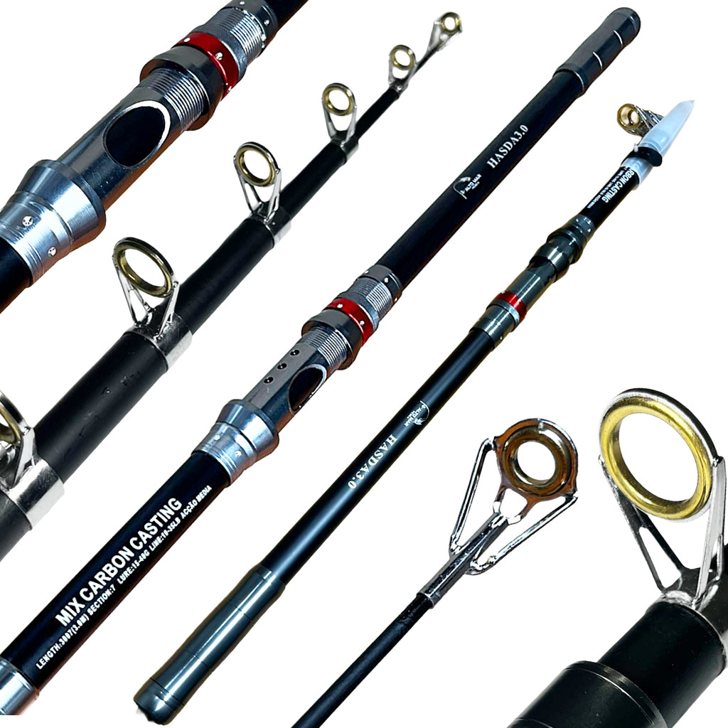 VARA DE PESCA PESCARIA PESADA PRAIA COSTAO TELESCOPICA P/ MOLINETE ALTO MAR HASDA 3.0M - 10 -35LB - CARBONO E ALUMINIO