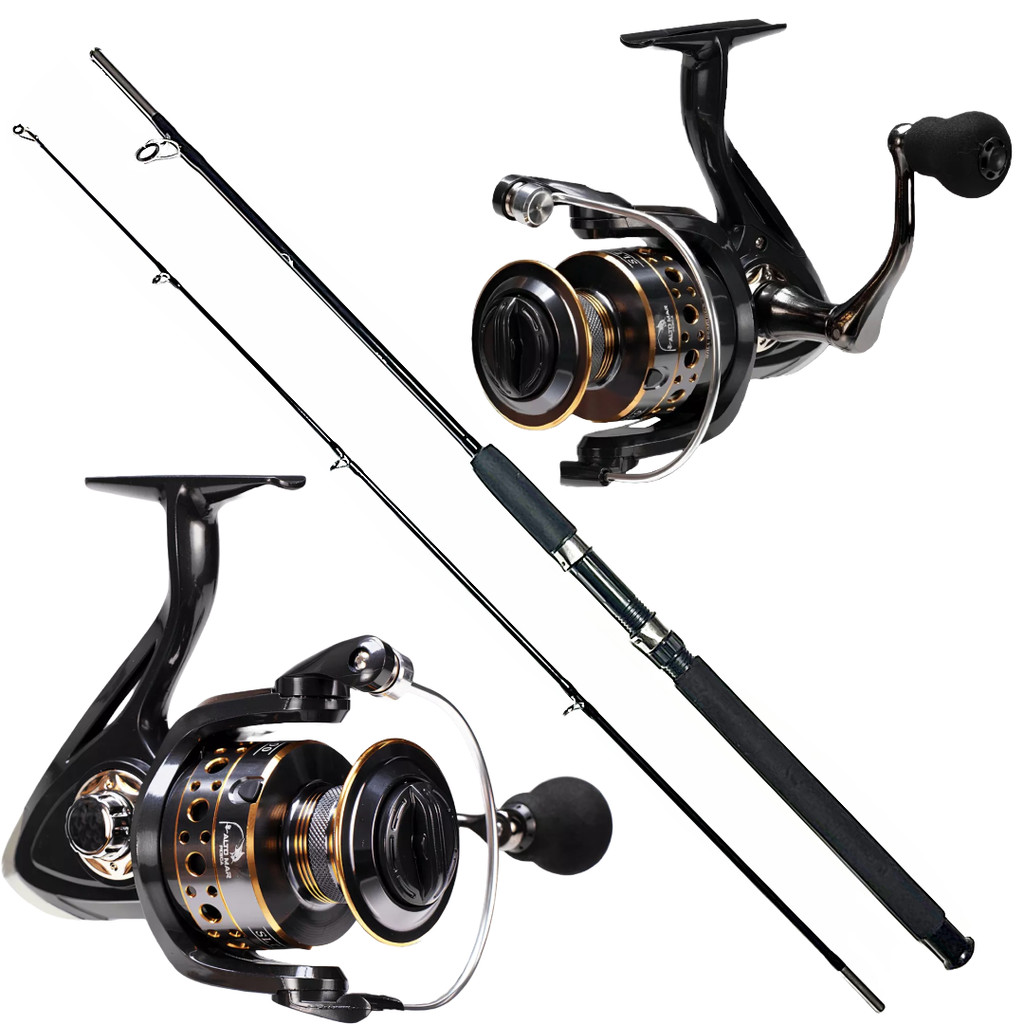 KIT DE PESCA PESADA MOLINETE 6000 14 ROLAMENTOS VARA MACIÇA 1.65M 35LB - 2 PARTES