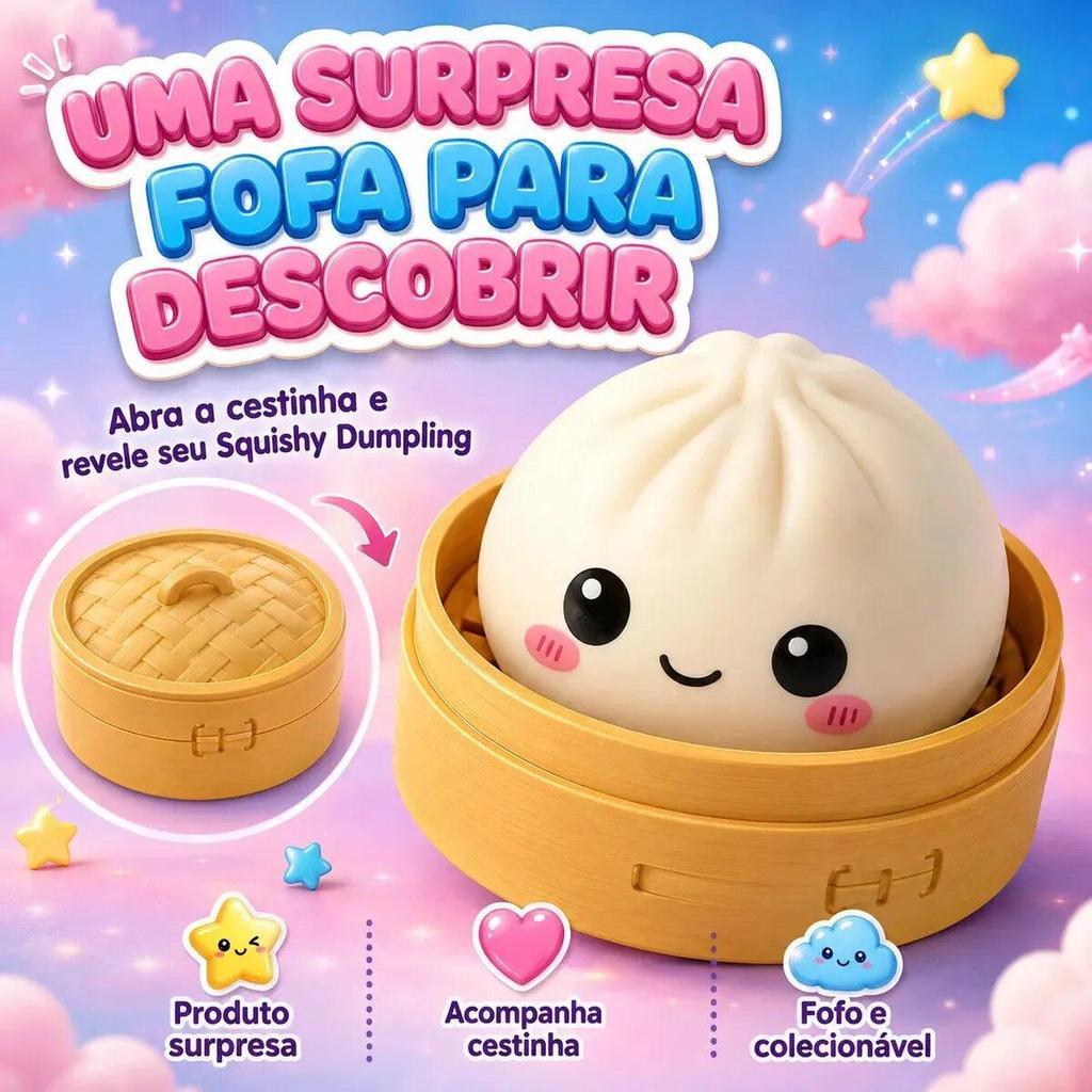 Squishy Dumpling Viral Tik Tok Bolinho Surpresa Anti Stress Sensorial Macio Colecionável com Cestinha Cor Sortida Brinqu