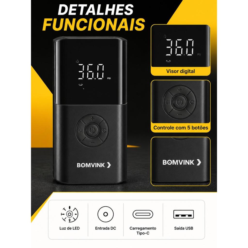 Mini Compressor Portátil Bomder 8906 Preto com Power Bank e Lanterna LED
