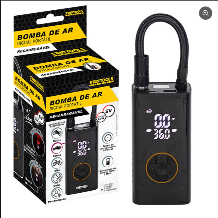 Bomba de Ar Digital Portátil Elétrica Carro Moto Bike Pneu Bola Câmera LCD LED - Preta