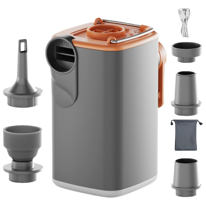 Bomba de Ar Portátil 4 em 1: Inflar, Vácuo, Luz LED, Recarregável Type-C, 5 Bicos para Colchão Camping e Sacos de Roupas