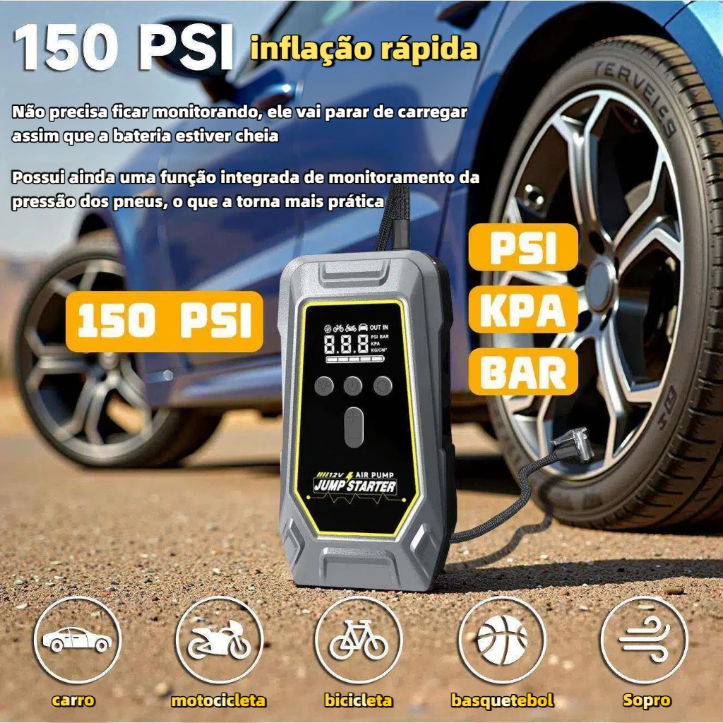 Bomba de Ar Portátil com Inflação Multifuncional e Luz LED para Emergências