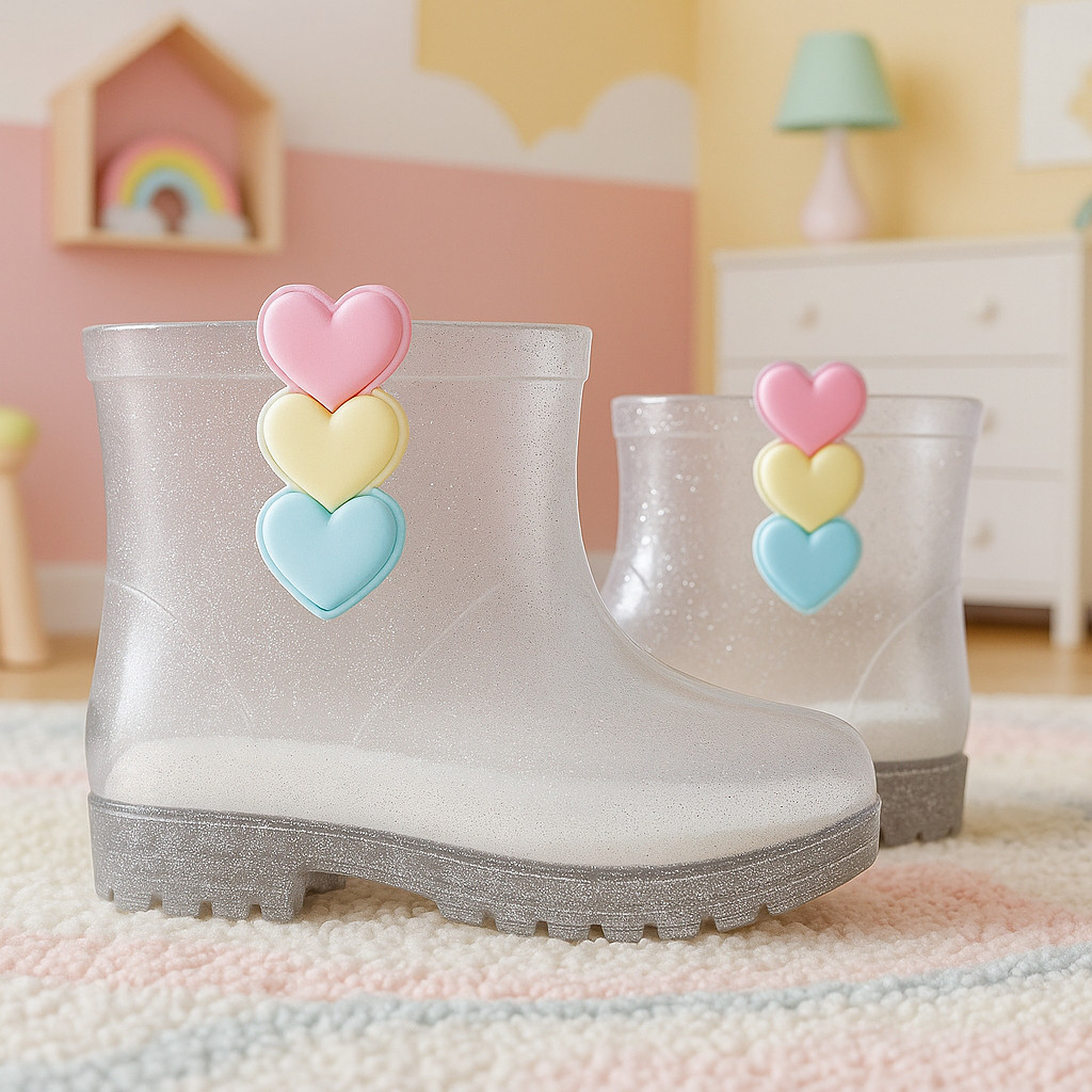 Galocha Botas Infantil Meninas Femininas Coração Flores Criança Leve Impermeável Confort.