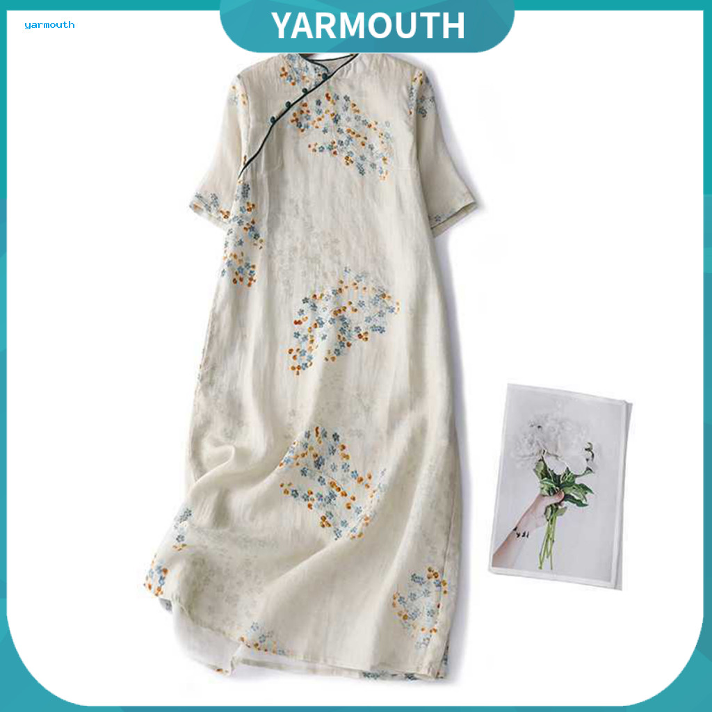 Women Floral Dress Classic Vintage Midi Cheongsam for Loose Short Sleeve Qipao with Pockets Chinese Style Elegant Weddin