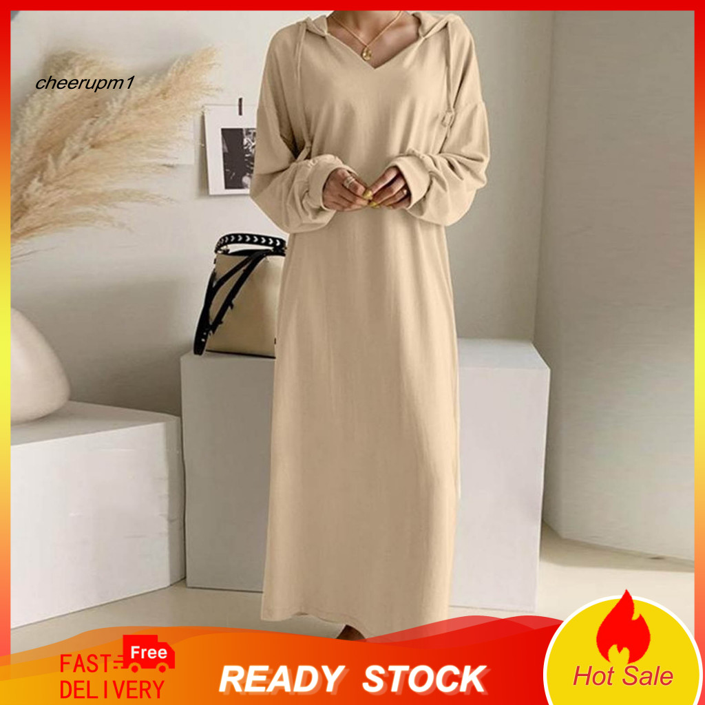 Women V-neck Dress Classic Women’s Spring Fall Maxi Loose Fit Drawstring Hooded V Neck Long Sleeves Ankle Length Soft