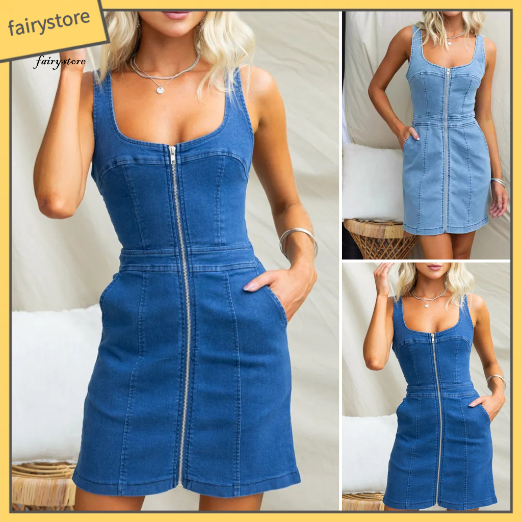 Women Hip-wrap Dress Classic Yet Modern Women’s Sleeveless Denim Mini with Front Zipper and Pockets – Casual Summer