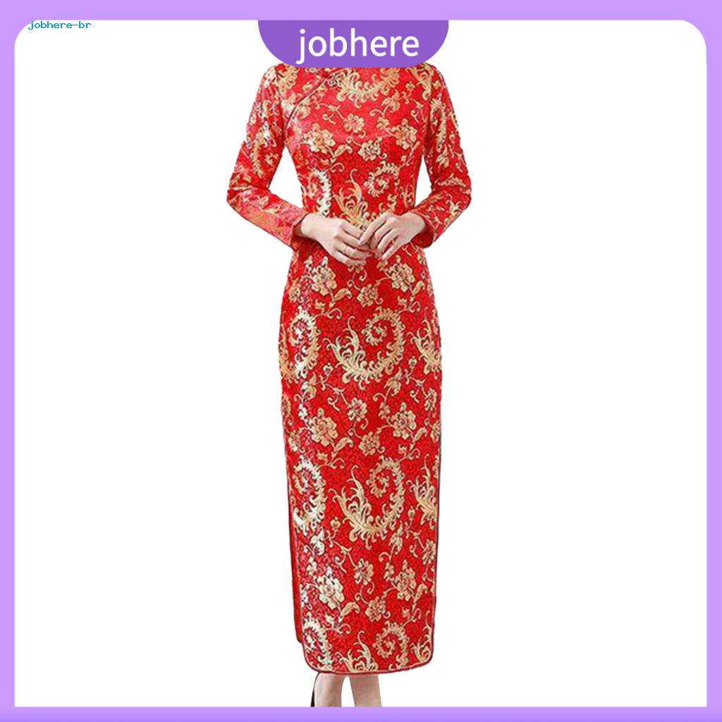 Printed Design Cheongsam Dress Women Retro Women’s Classic Chinese Qipao Vintage Floral Print Stand Collar Long Sleeve