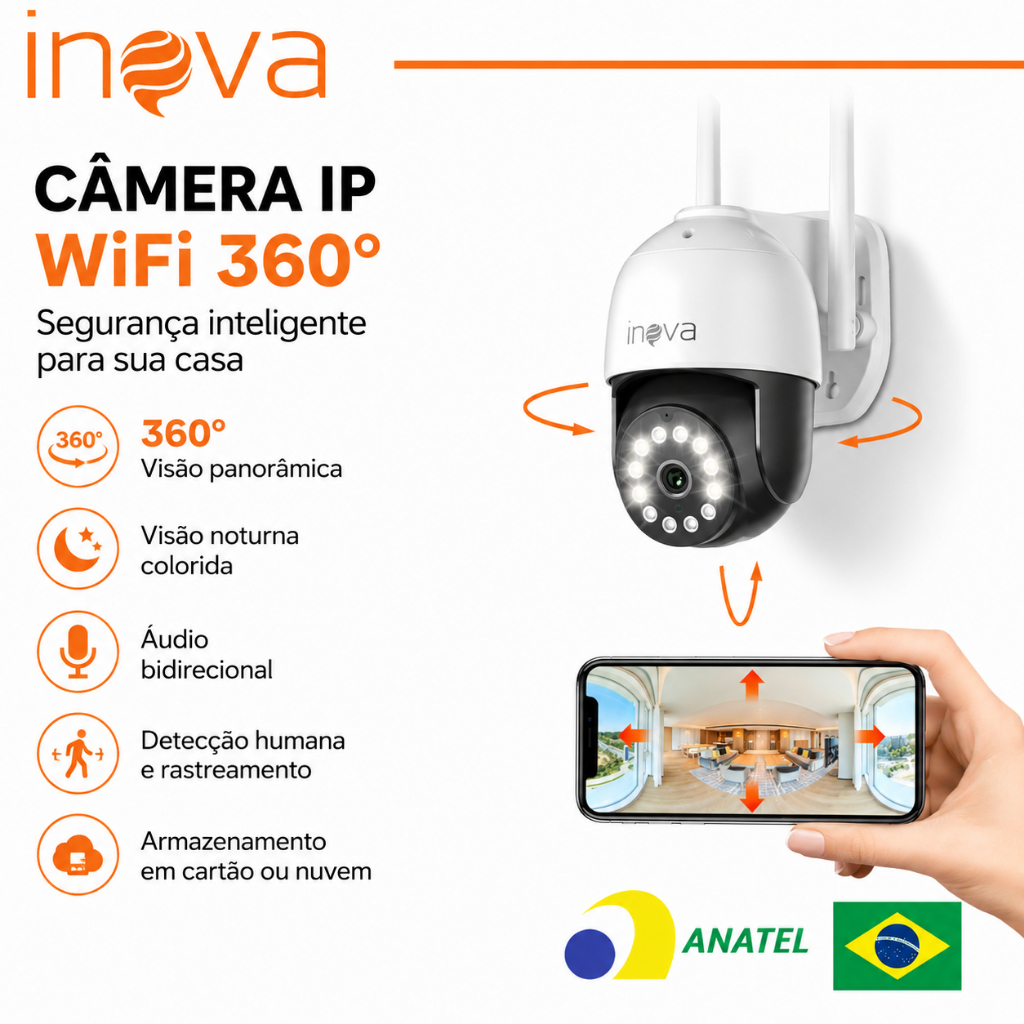 INOVA Câmera WiFi 360° 1080P Rastreamento Inteligente Detecção Humana Visão Noturna IP66 ICSEE Yoosee