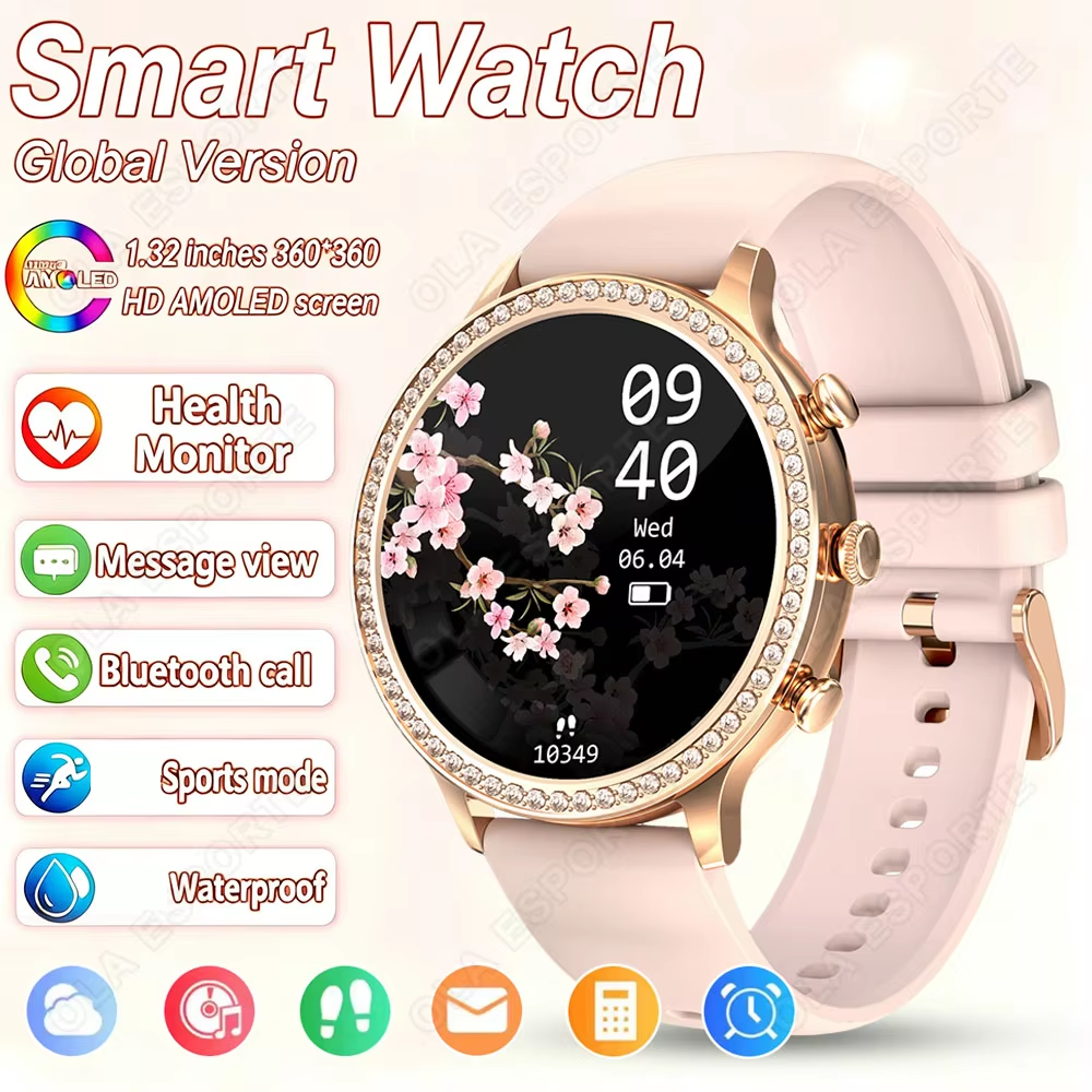 Novo Relógio Inteligente Feminino Diamante 1,32 360*360 Tela HD Monitoramento de Saúde Ligação Bluetooth