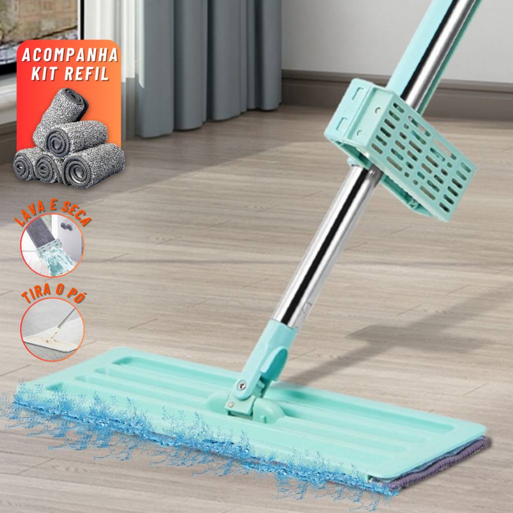Esfregão Rodo Mop Mágico Inteligente Com 2 Refil Flat 360° Graus Flexível Puxa e Seca Limpeza Casa Limpa Fácil Microfibra Alto Absorção