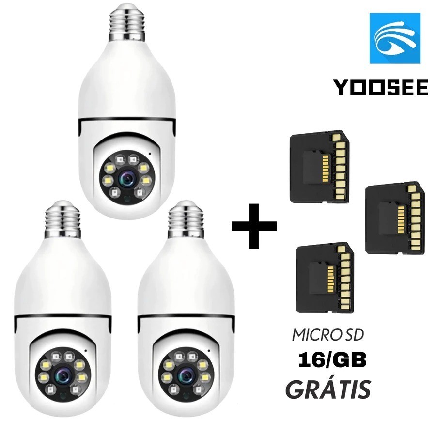 Kit 3 Câmera Lâmpada Inteligente Wifi IP 360 Panorâmica + 3 Cartões SD 16GB